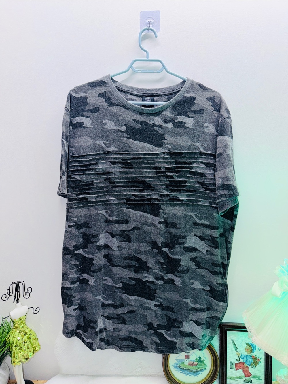 35% Cotton Urban ID Gray Camouflage Short Sleeve Crewneck Summer Pleated Tee 🌎